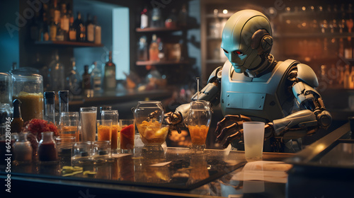 there is a robot sitting at a bar with a lot of drinks Generative AI