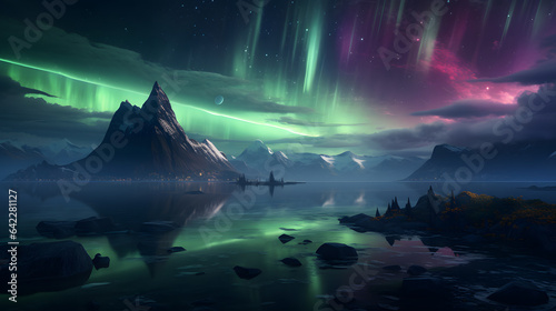 mountains and a body of water with a green and purple aurora light Generative AI