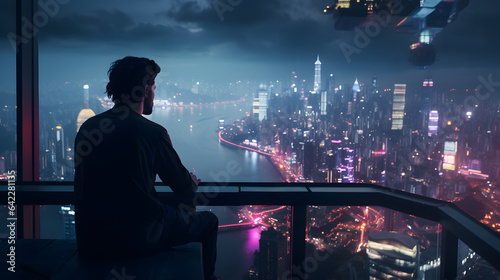 Fotografia arafed man sitting on a ledge looking out over a city at night Generative AI