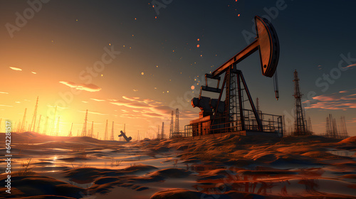 arafed oil pump in the middle of a desert with a sunset in the background Generative AI