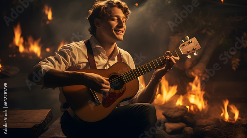 there is a man that is playing a guitar in front of a fire Generative AI