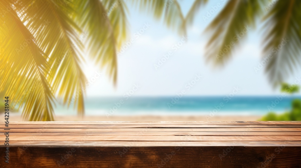 beach with palm trees and sea on wooden background