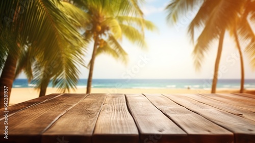 beach with palm trees and sea on wooden background