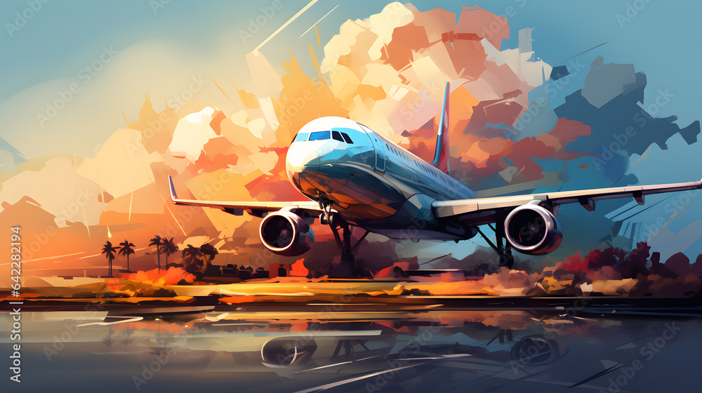 painting of a plane taking off from a runway with a sunset behind it ...