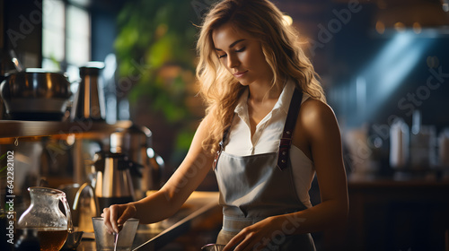 blonde woman in apron preparing a drink in a bar Generative AI