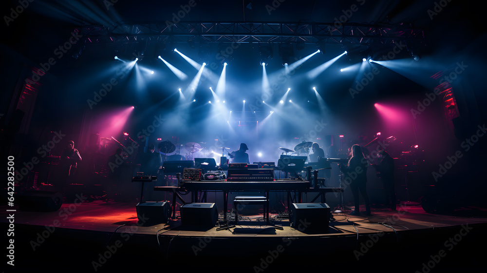 arafed stage with a keyboard and a keyboard on a stage with lights Generative AI - obrazy, fototapety, plakaty 