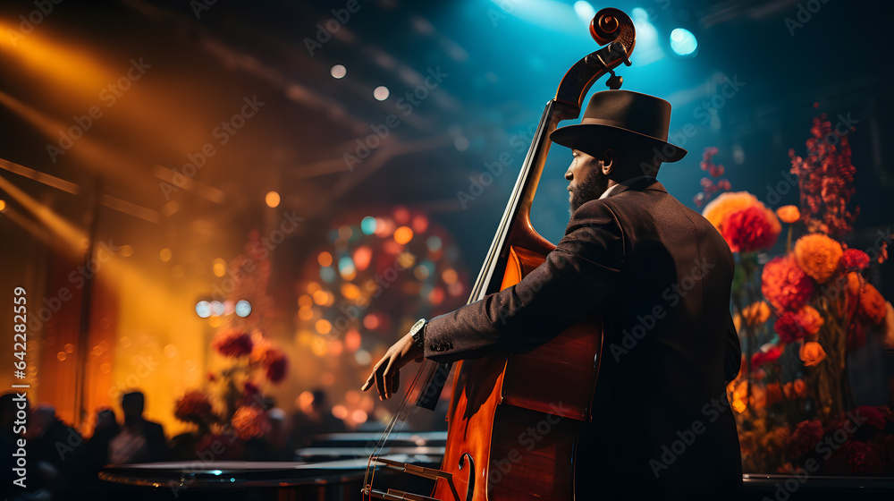 Fototapeta premium there is a man that is playing a cello in a room Generative AI
