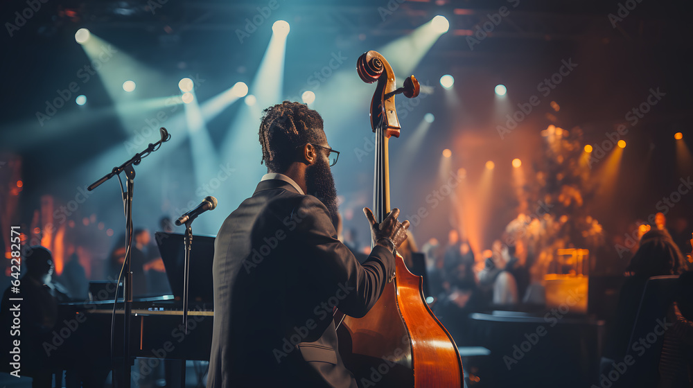 Fototapeta premium there is a man that is playing a bass in a concert Generative AI