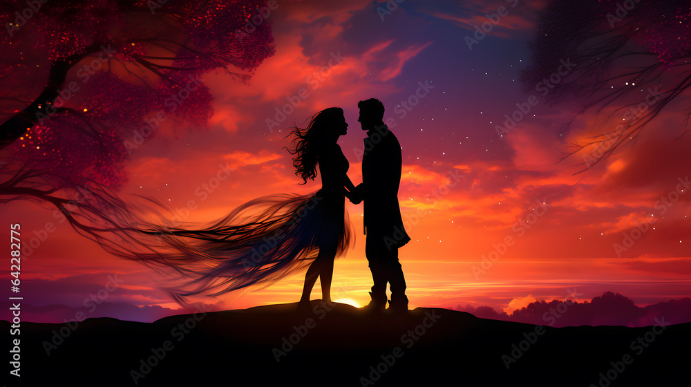 silhouette of a couple standing on a hill at sunset Generative AI silhouette of a couple standing on a hill at sunset Generative AI