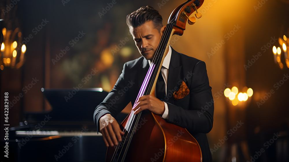 Fototapeta premium arafed man in a suit playing a cello in a dimly lit room Generative AI