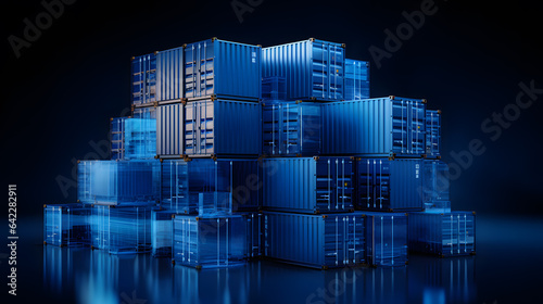a close up of a pile of blue shipping containers on a reflective surface Generative AI