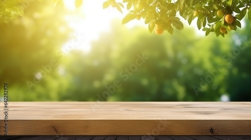 wooden table on green background