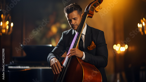 arafed man in a suit playing a cello in a dimly lit room Generative AI