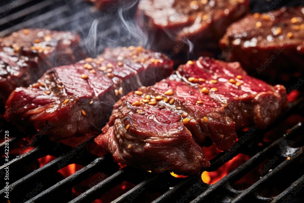 Close up shot of sizzling Wagyu Beef slices on a hot grill. Generative AI