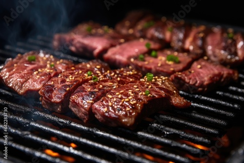 Close up shot of sizzling Wagyu Beef slices on a hot grill. Generative AI