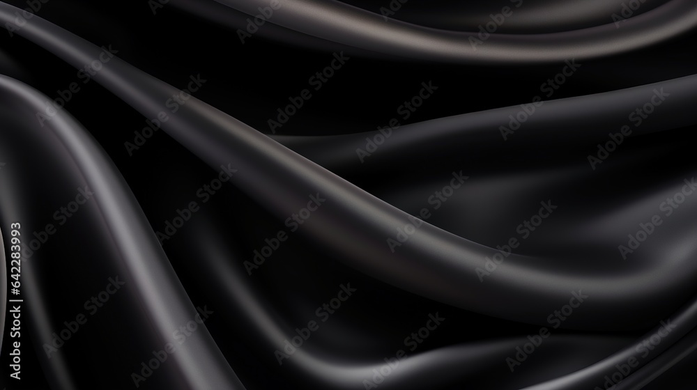 Fototapeta premium Smooth black satin fabric with flowing curves and luxurious texture on a dark background