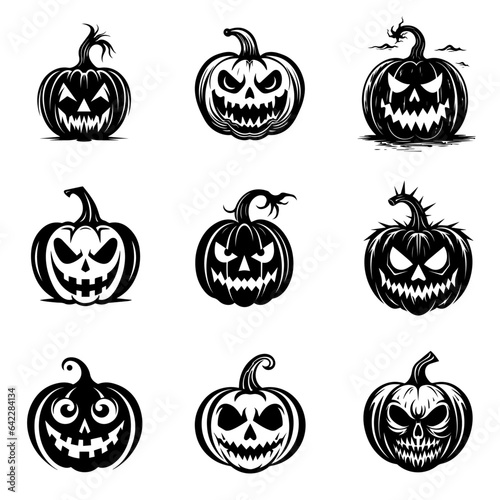 Collection of Halloween pumpkins carved faces silhouettes. Scary and funny faces of Halloween pumpkin
