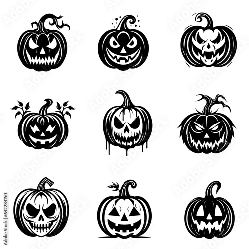 Collection of Halloween pumpkins carved faces silhouettes. Scary and funny faces of Halloween pumpkin