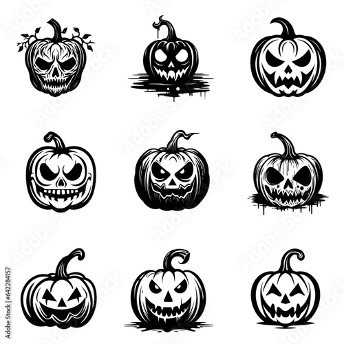 Collection of Halloween pumpkins carved faces silhouettes. Scary and funny faces of Halloween pumpkin