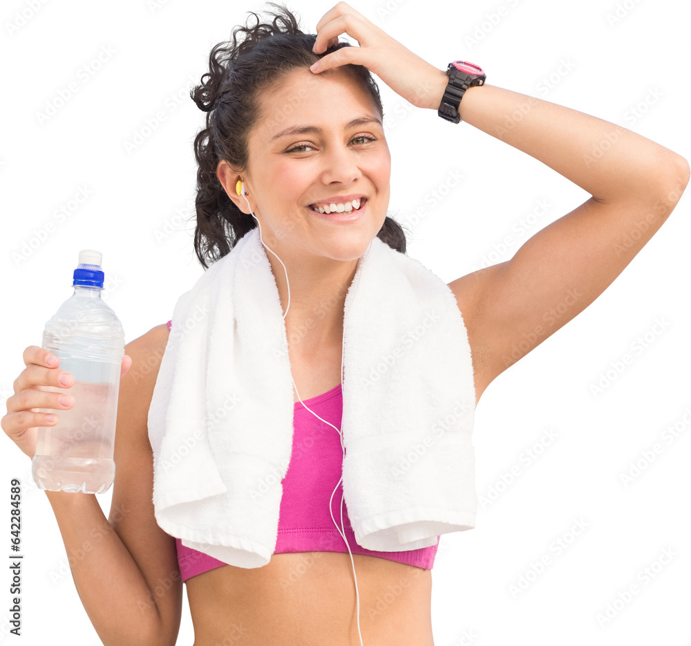 Digital png photo of smiling biracial woman pointing holding a bottle on transparent background Digital png photo of smiling biracial woman pointing holding a bottle on transparent background