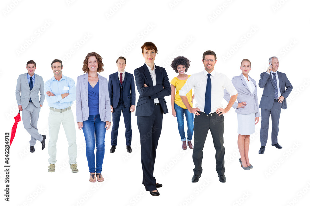 Digital png photo of group of smiling business people in different poses on transparent background