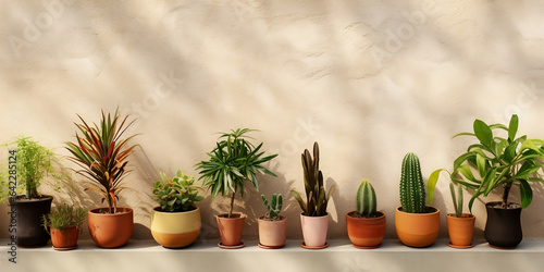 Plants in pots at wall background, houseplants potted in flowerpots in row, succulents and palm leaves by AI generative
