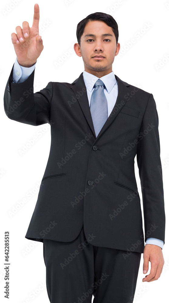 Digital png photo of asian businessman pointing with finger on transparent background Digital png photo of asian businessman pointing with finger on transparent background