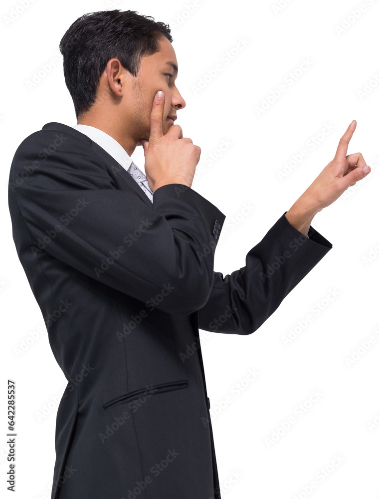 Digital png photo of asian businessman pointing with finger on transparent background Digital png photo of asian businessman pointing with finger on transparent background
