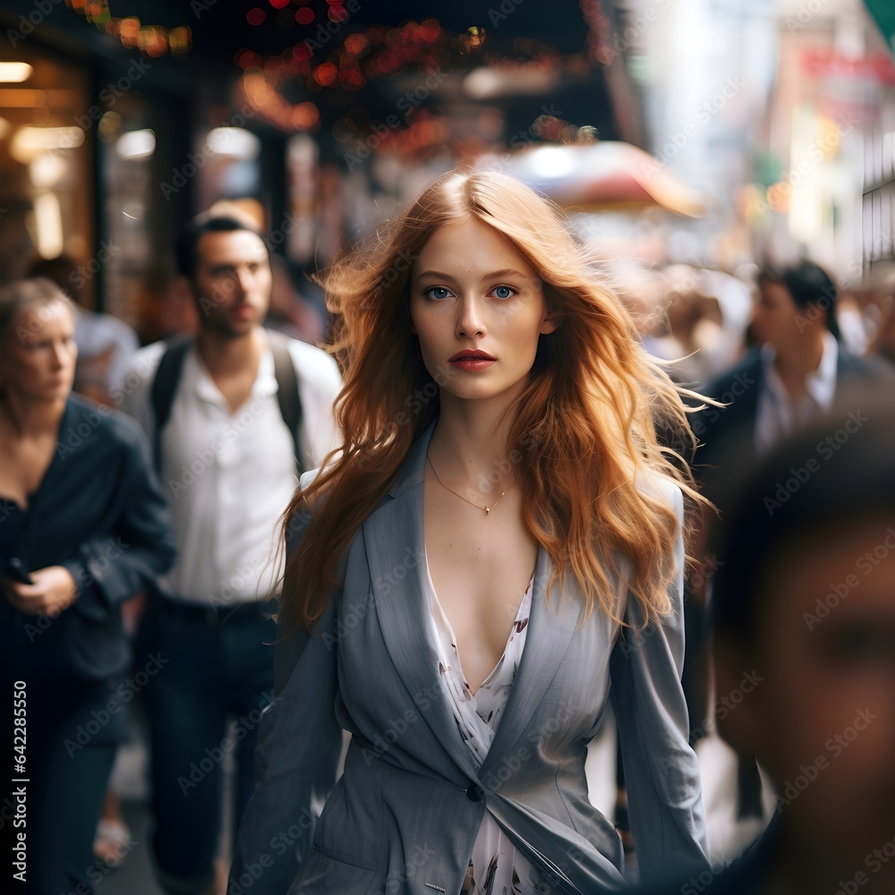 Obraz premium Amidst the bustling streets of New York City on a warm spring day, a woman walks confidently, capturing the essence of urban life, style, and vitality.