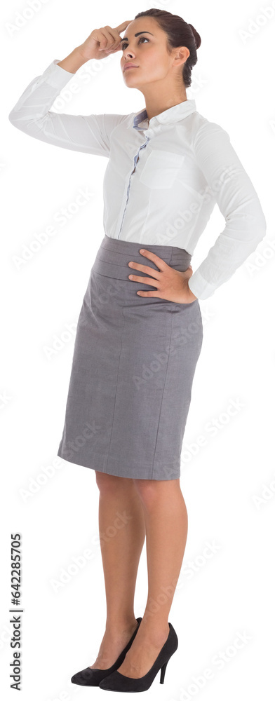 Digital png photo of biracial businesswoman with finger on head on transparent background Digital png photo of biracial businesswoman with finger on head on transparent background