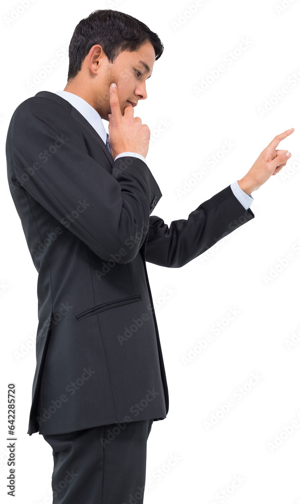 Digital png photo of asian businessman pointing with finger on transparent background Digital png photo of asian businessman pointing with finger on transparent background