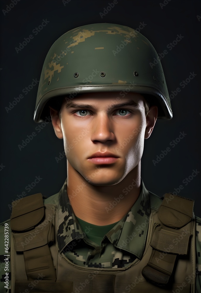 A pop art and minimalist representation of a soldier in uniform, embodying bravery and national pride.