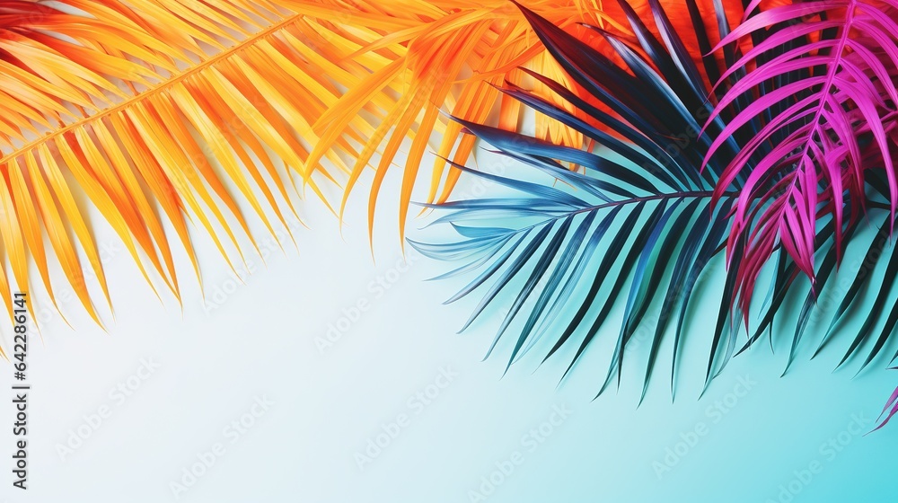 Fototapeta premium A tropical beach paradise illustration with a tall palm tree casting a green silhouette against a bright blue sky