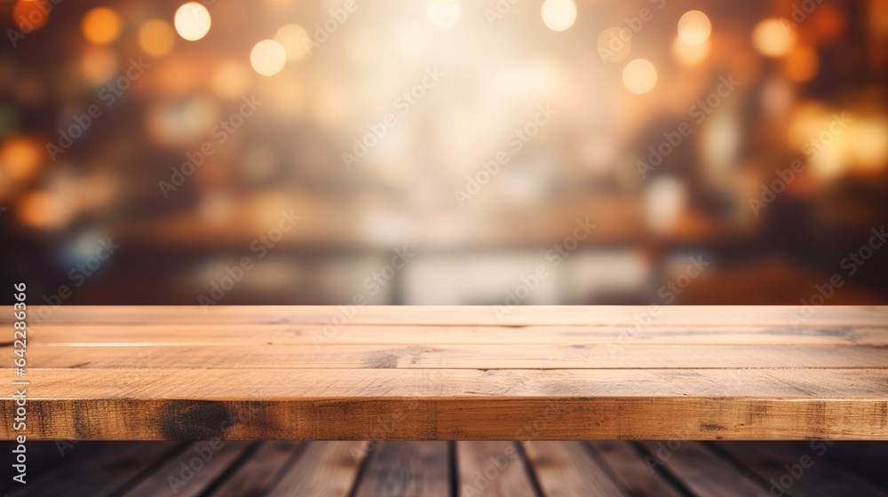 empty wooden table with bokeh background