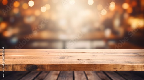 empty wooden table with bokeh background