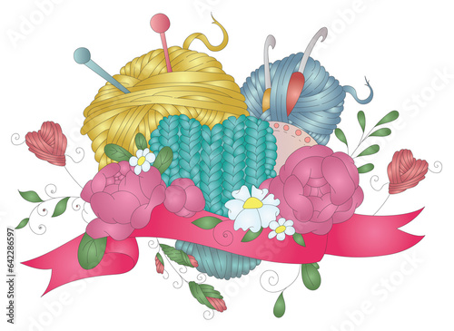 Digital png illustration of wool, crochet and knitting needles and flowers on transparent background