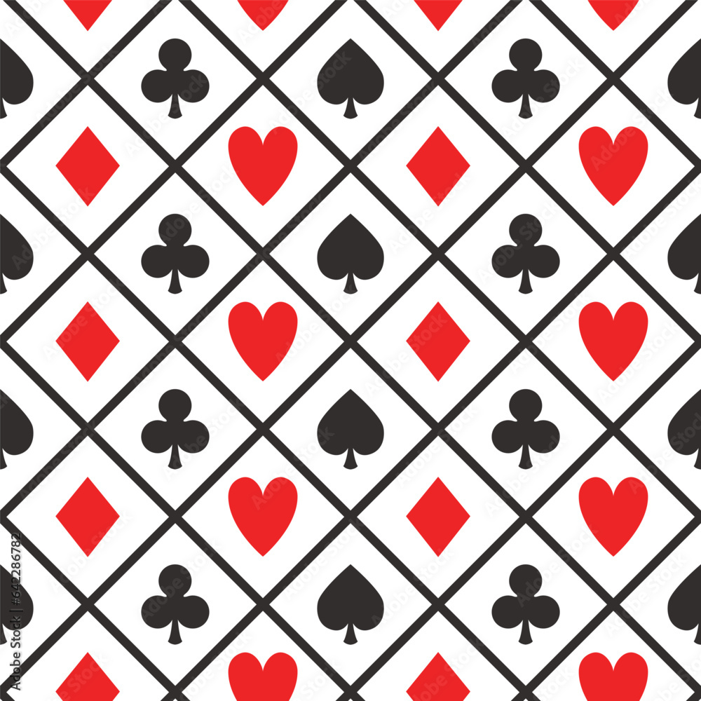 Poker card game pattern, seamless vector casino background with card suits, clubs, hearts, spades and diamonds with black lines and white background Poker card game pattern, seamless vector casino background with card suits, clubs, hearts, spades and diamonds with black lines and white background