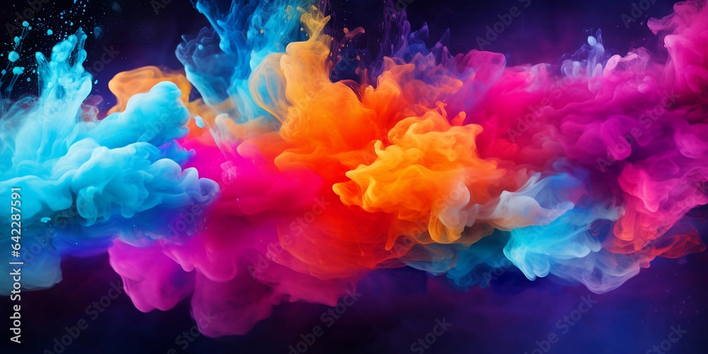 Color paint cloud of liquid splash ink. A colorful abstract blend of liquid colors and ink drops. Artistic background. Generated AI.