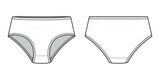 Classic mid-rise panty technical fashion illustration. brief fashion flat technical drawing template. Elasticated waistband, women's Underwear. front, and back view. white. CAD mockup