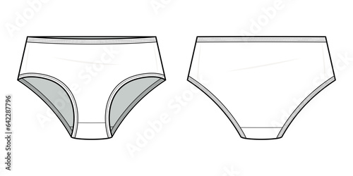 Classic mid-rise panty technical fashion illustration. brief fashion flat technical drawing template. Elasticated waistband, women's Underwear. front, and back view. white. CAD mockup