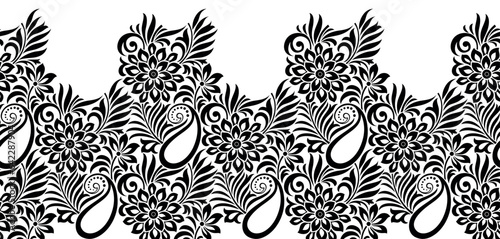 Seamless black and white paisley with flower border design