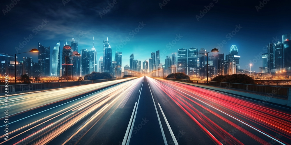 City road light, night megapolis highway lights of cityscape background. Panorama of megacity traffic with highway road motion lights, long exposure photography