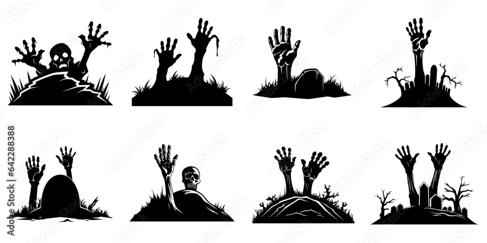Zombie's hands sticking out of the grave. Cartoon Halloween silhouette elements collection