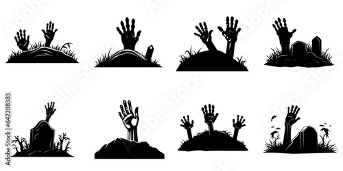 Zombie's hands sticking out of the grave. Cartoon Halloween silhouette elements collection