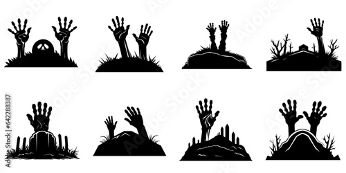 Zombie's hands sticking out of the grave. Cartoon Halloween silhouette elements collection