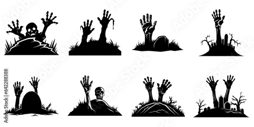 Zombie's hands sticking out of the grave. Cartoon Halloween silhouette elements collection