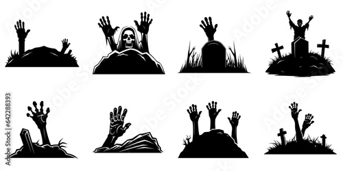Zombie's hands sticking out of the grave. Cartoon Halloween silhouette elements collection
