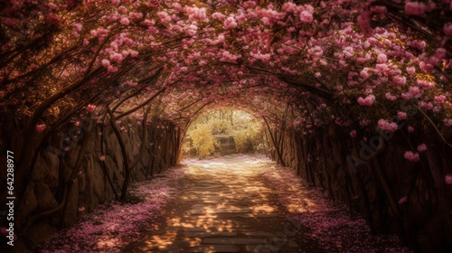 The romantic tunnel of pink flower trees. Generative AI