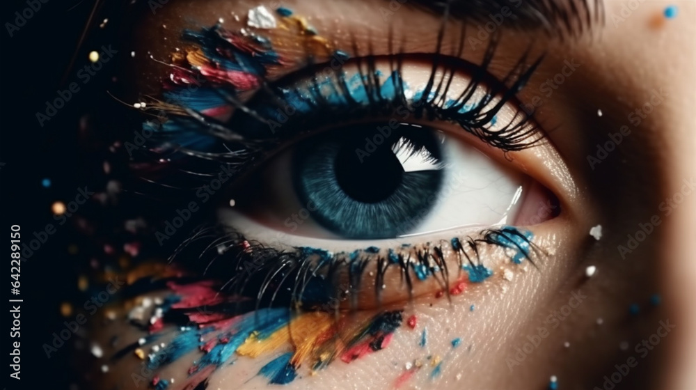 Crop of female eye with colorful make up. Beautiful creative art makeup. Generative AI