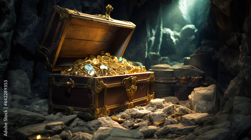 Old wooden treasure chest with gold coins and gems in a hidden cave ...